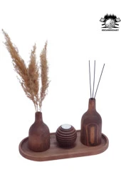 Dekoratif Ahşap Tabak Mumluk Ve 2'li Vazo Set - 1