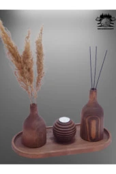 Dekoratif Ahşap Tabak Mumluk Ve 2'li Vazo Set - 2