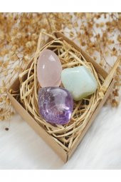 Aquamarin - Pembe Kuvars ve Ametist Taşı 3 lü Set - 1