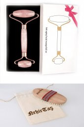 Doğal At Kılı Fırçası + Pembe Kuvars Doğal Taş Masaj Taşı Roller - 1