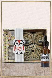 Baykuş Temalı Yeşil Seramik Buhurdanlık & Özel Üretim Vanilya Yağı Setli - 1