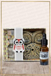 Baykuş Temalı Yeşil Seramik Buhurdanlık & Özel Üretim Çilek Yağı Setli - 1