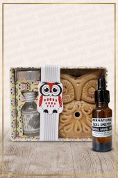 Baykuş Temalı Kahve Seramik Buhurdanlık & Özel Üretim Sandal Yağı Setli - 1