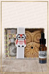 Baykuş Temalı Kahve Seramik Buhurdanlık & Özel Üretim Zambak Yağı Setli - 1