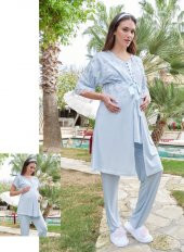 Bone Club 5605 Mavi V Yaka 3Lü Hamile Lohusa Pijama Sabahlık Tk - 1