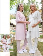 Bone Club 5605 Ekru V Yaka  3Lü Hamile Lohusa Pijama Sabahlık Tk thumbnail 2