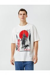 Oversize Tişört Uzakdoğu Baskılı Bisiklet Yaka Kısa Kollu thumbnail 3