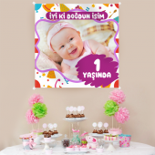 Kişiye Özel Resimli Doğum Günü Kumaş Afiş 150x150 cm - 1