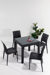 SANDALİE Rattan Camlı 80x80 Bahçe&Balkon&Teras Masa Seti - Antrasit - 1