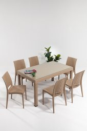 SANDALİE Rattan Large Camlı Cappucino Masa Takımı Bahçe&balkon 1 Camlı Masa + 6 Sandalye - 1