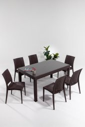 SANDALİE Rattan Large Camlı Kahve Masa Takımı Bahçe&balkon 1 Camlı Masa + 6 Sandalye - 1
