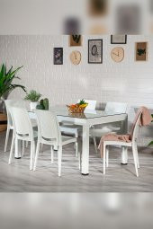 SANDALİE Rattan Large Camlı Beyaz Masa Takımı Bahçe&balkon 1 Camlı Masa + 6 Sandalye - 1