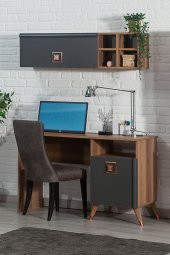 SANDALİE Retro 50x110 Cm Çalışma Masası + Duvar Raf Bilgisayar Masası Ofis Ders Masası Ceviz - 1
