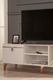 SANDALİE Pietra TV Ünitesi - Beyaz Mermer Desenli 160 cm 2 Kapaklı + 2 Raflı TV Sehpası thumbnail 2