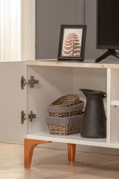 SANDALİE Pietra TV Ünitesi - Beyaz Mermer Desenli 160 cm 2 Kapaklı + 2 Raflı TV Sehpası thumbnail 3