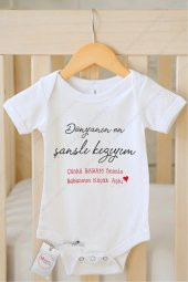 Dünyanın en şanslı kızıyım Hediyenza Özel Tasarım Bebek Zıbın Pamuklu Çıtçıtlı Body Bebek Hediye - 1