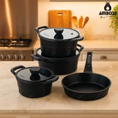 Kuvars 7 Parça Döküm Tencere Tava Seti - Siyah - 1