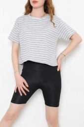 Çizgili Crop Tişört Gribeyaz - 9525.1567. - 1