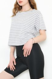 Çizgili Crop Tişört Gribeyaz - 9525.1567. - 3