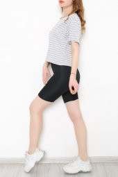 Çizgili Crop Tişört Gribeyaz - 9525.1567. - 4