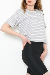 Çizgili Crop Tişört Gribeyaz - 9525.1567. - 8