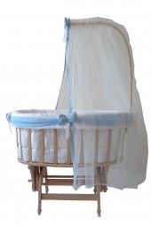 Babycom Extra Doğal Boyasız Ahşap Sepet Beşik + Mavi Süslü Tüllü Uyku Seti - 2