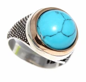 925 Ayar Gümüş ve Bronz Karışımı Damla Firuze Taşlı Erkek Yüzük thumbnail 1