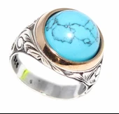 925 Ayar Gümüş ve Bronz Karışımı Firuze Taşlı Çiçek İşlemeli Erkek Yüzük thumbnail 1