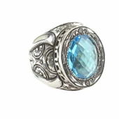 925 Ayar Gümüş Elişi Kalemli Gül Oyma Motifli Akuamarin Mavi Taşlı Erkek Yüzük thumbnail 1