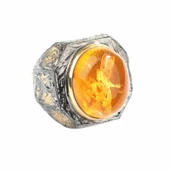 Kalem İşleme Gerçek Kehribar Taşlı Gümüş Erkek Yüzük thumbnail 1