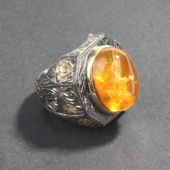 Kalem İşleme Gerçek Kehribar Taşlı Gümüş Erkek Yüzük thumbnail 8