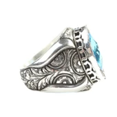 925 Ayar Gümüş Elişi Kalemli Gül Oyma Motifli Akuamarin Mavi Taşlı Erkek Yüzük thumbnail 2