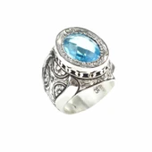 925 Ayar Gümüş Elişi Kalemli Gül Oyma Motifli Akuamarin Mavi Taşlı Erkek Yüzük thumbnail 6
