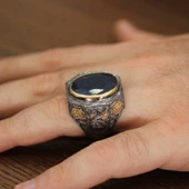 925 Ayar Gümüş Gerçek Safir Taşlı El işi Kalemli Erkek Yüzük thumbnail 6