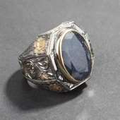 925 Ayar Gümüş Gerçek Safir Taşlı El işi Kalemli Erkek Yüzük thumbnail 7