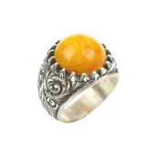 925 Ayar Gümüş Sıkma Kehribar Yuvarlak Taşlı Erkek Yüzük thumbnail 2