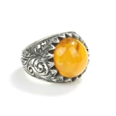 925 Ayar Gümüş Sıkma Kehribar Yuvarlak Taşlı Erkek Yüzük thumbnail 3