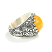 925 Ayar Gümüş Sıkma Kehribar Yuvarlak Taşlı Erkek Yüzük thumbnail 5