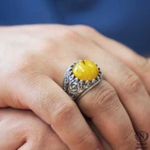 925 Ayar Gümüş Sıkma Kehribar Yuvarlak Taşlı Erkek Yüzük thumbnail 1