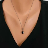 925 Ayar Gümüş Oval Büyük Boy Siyah Oniks Taşlı Kolye thumbnail 1