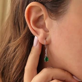 925 Ayar Gümüş Damla Sentetik Zümrüt Taşlı Büyük Boy Küpe thumbnail 2