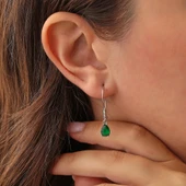 925 Ayar Gümüş Damla Sentetik Zümrüt Taşlı Büyük Boy Küpe thumbnail 1