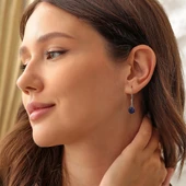 925 Ayar Gümüş Yuvarlak Büyük Boy Sentetik Safir Taşlı Küpe thumbnail 2