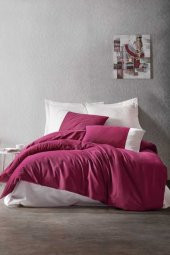 Plain Line Çift Kişilik Nevresim Takımı - Bordo-krem - 1