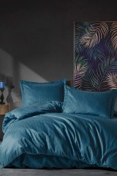 Elegant Stripe Saten Çift Kişilik Nevresim Takımı Mavi - 1