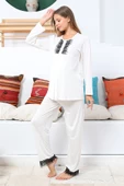 Lohusasepeti MOMMYSH® 55711 Adore Saten Sabahlıklı Dantelli Paça Lohusa Pijama Takımı - 3