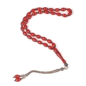 925 Ayar Gümüş Püsküllü Kırmızı Sıkma Kehribar Tesbih thumbnail 1