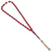 925 Ayar Gümüş Püsküllü Kırmızı Sıkma Kehribar Tesbih thumbnail 2