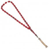 925 Ayar Gümüş Püsküllü Kırmızı Sıkma Kehribar Tesbih - 2