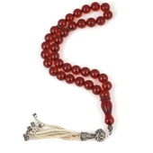 925 Ayar Gümüş Püsküllü Kırmızı Sıkma Kehribar Tesbih thumbnail 1